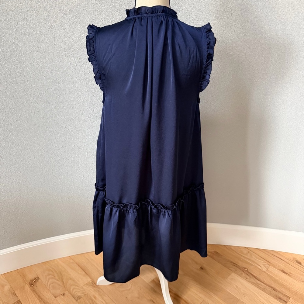 Halogen Ruffle Trim Button Down Satin Dress Classic Navy Blue Size Medium - Picture 5 of 13